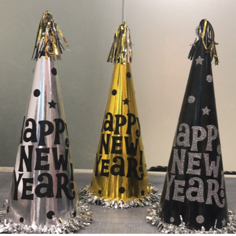 Happy New Year Foil Fringed Cone Hats Paper with Glitter